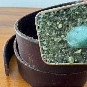 Brown Leather Belt with Green Stone Buckle